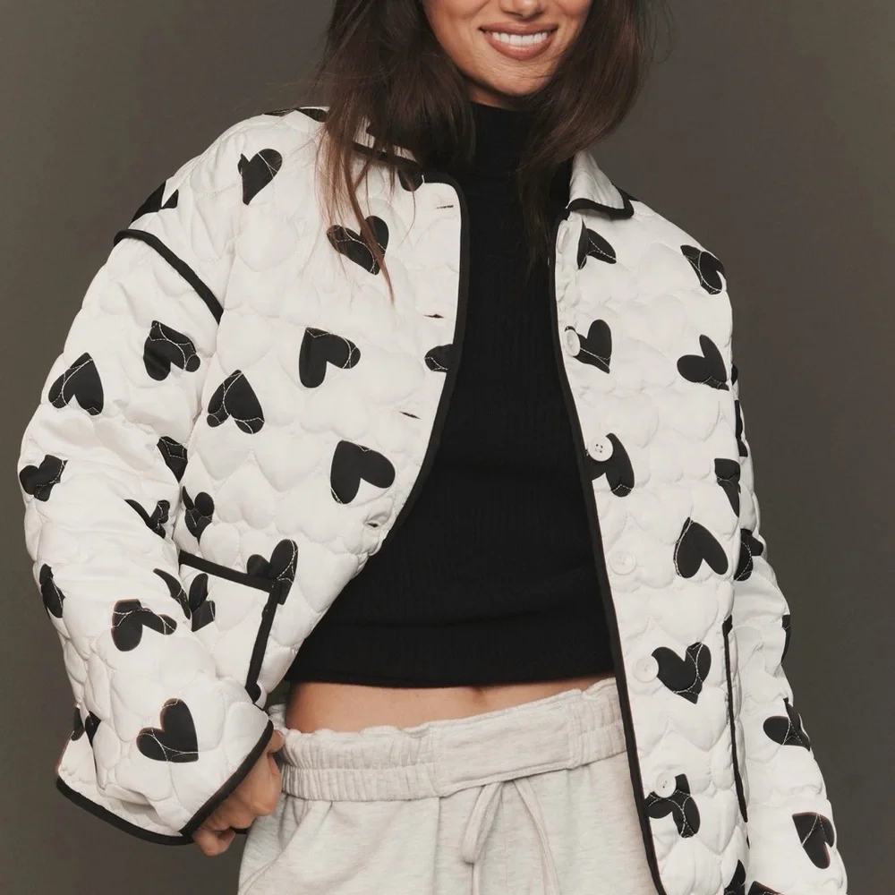 NWT Anthropologie Beach Riot Black and White Heart Puffer Jacket - Picture 1 of 4